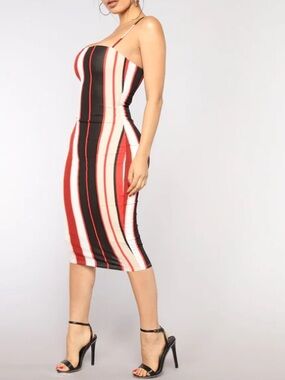 Fashion Nova Red Black Cream Striped Spaghetti-Strap Midi Dress
